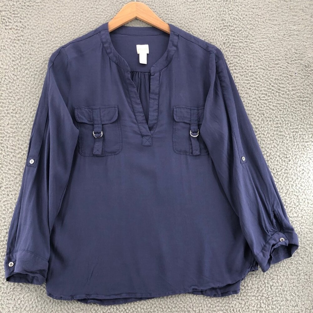 Chicos Top Womens 2 US Large Genevieve Blue Utility Vibe Long Roll Tab Sleeves